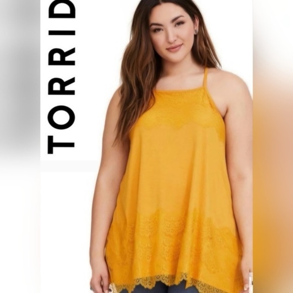 Torrid Size 0 Super Soft High Neck Lace Inset Sharkbite Hem Tank In Marigold - Picture 2 of 5